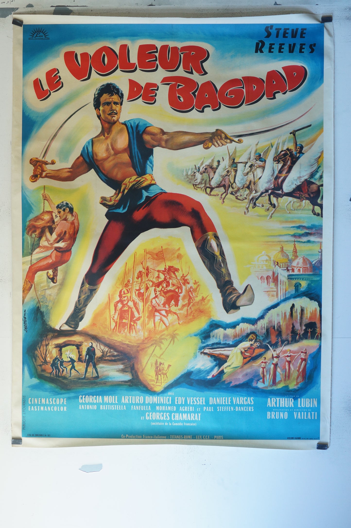 LE VOLEUR DE BAGDAD, STEVE REEVES,120X160 CM, AFFICHE ENTOILÉE.