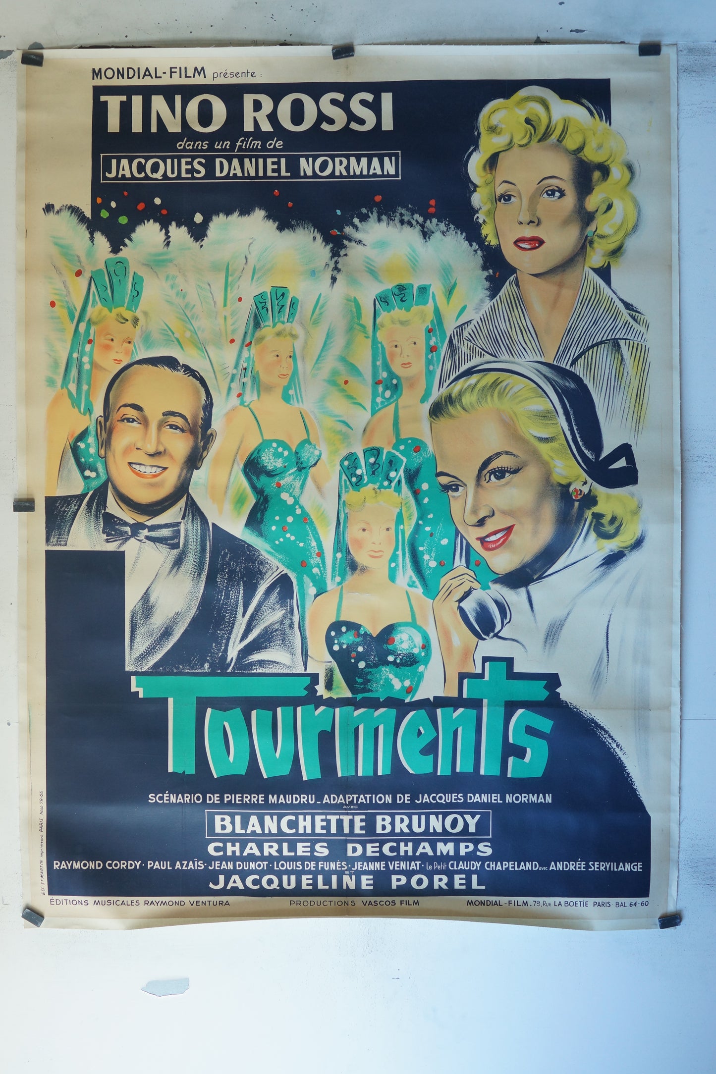 TOURMENTS, TINO ROSSI, 120X160 CM, AFFICHE ENTOILÉE. TINO ROSSI
