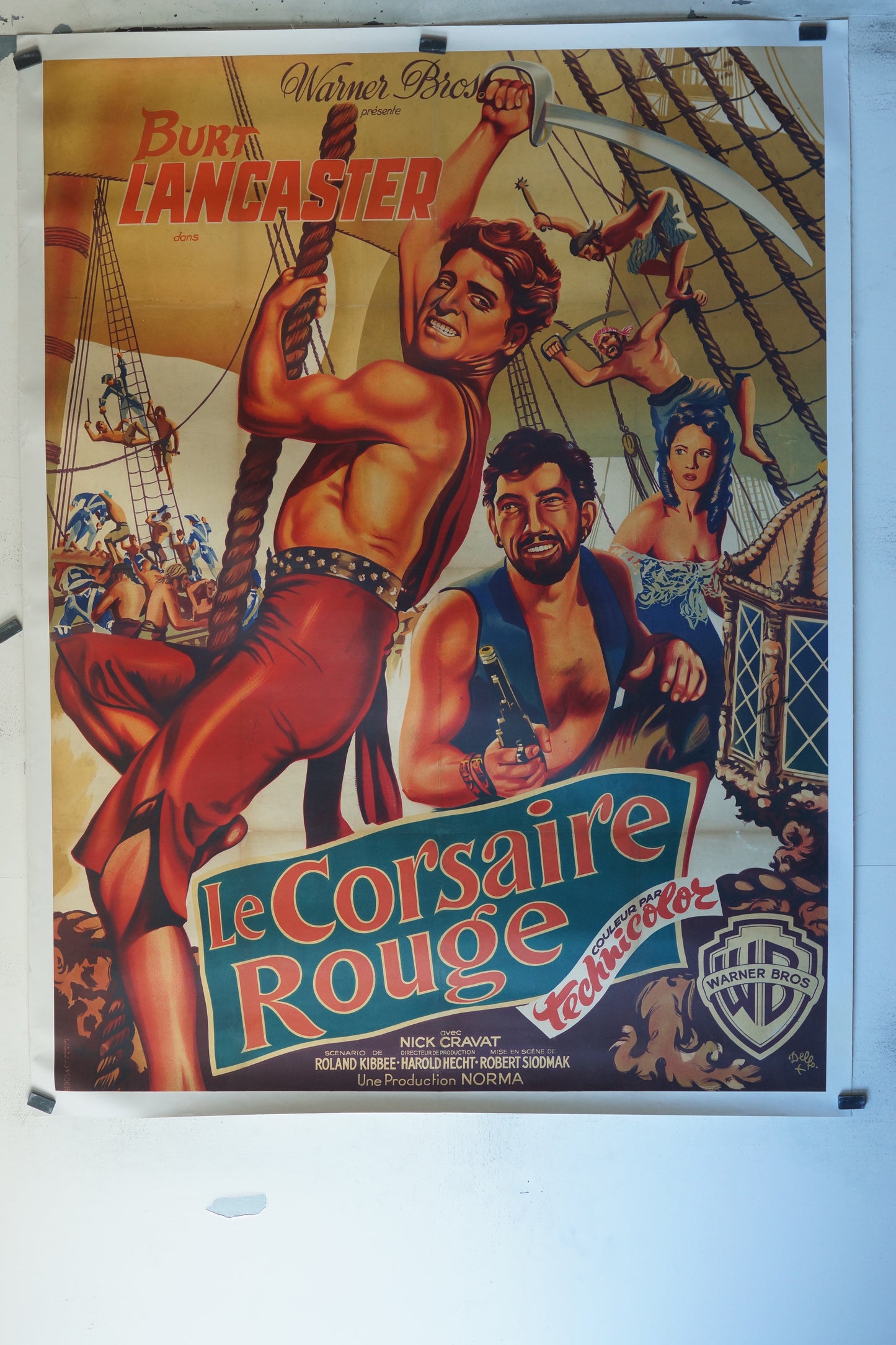 LE CORSAIRE ROUGE, BURT LANCASTER, 120X160 CM, AFFICHE ENTOILÉE.
