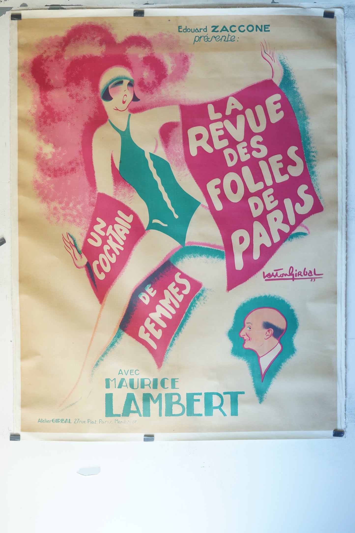 LA REVUE DES FOLIES DE PARIS, MAURICE LAMBERT, 120X160 CM, AFFICHE ENTOILÉE. MAURICE LAMBERT