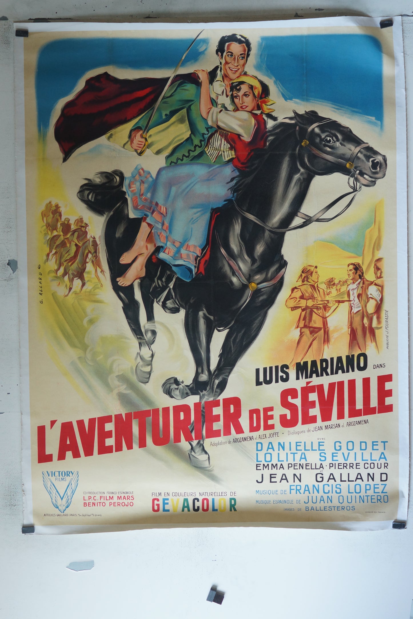 L’AVENTURIER DE SÉVILLE, LUIS MARIANO, 120X160 CM, AFFICHE ENTOILÉE. DANIELLE GODET AFFICHE ENTOILÉE