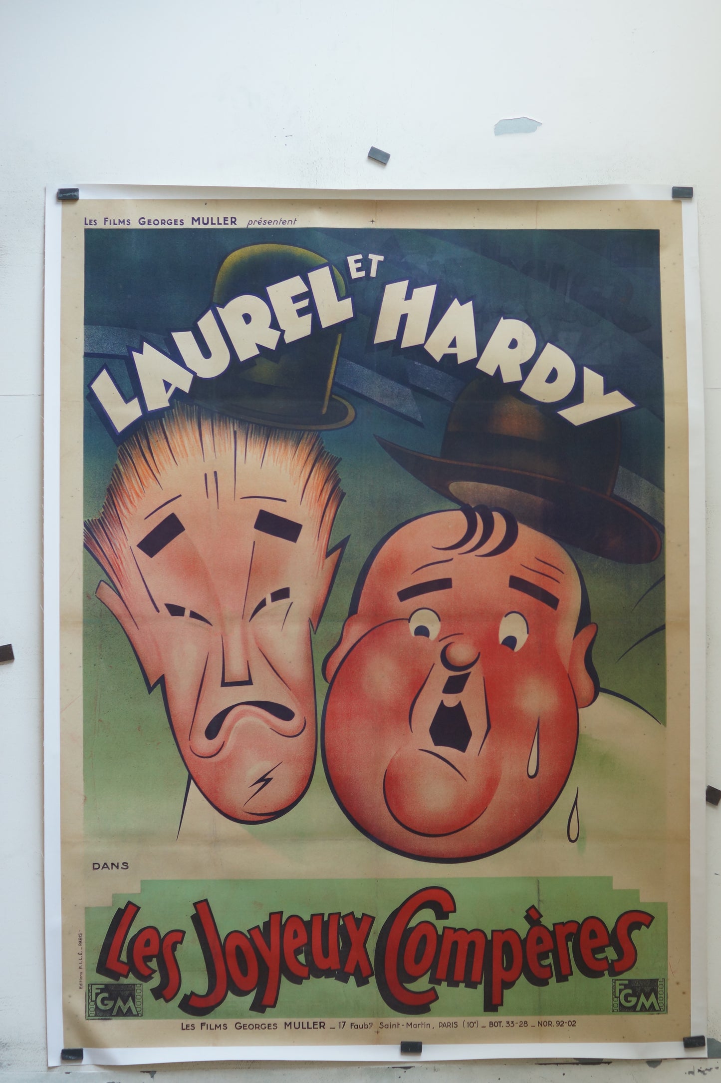 LES JOYEUX COMPÈRES, LAUREL ET HARDY, 120X160 CM, AFFICHE ENTOILÉE.