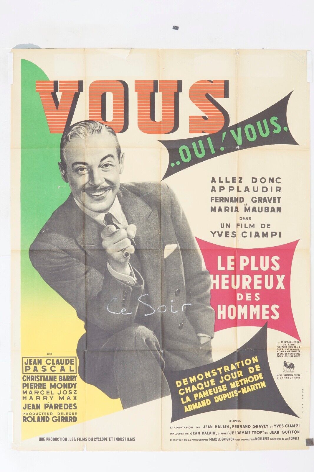LE PLUS HEUREUX DES HOMMES MOVIE POSTER ORIGINAL 120x160 JEAN-CLAUDE PASCAL