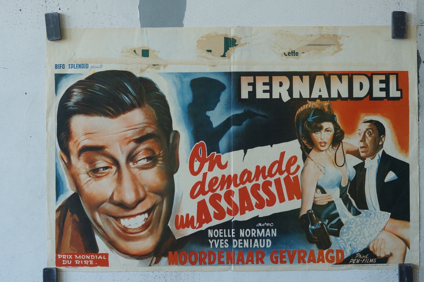 ON DEMANDE UN ASSASSIN MOVIE POSTER ORIGINAL 36X54 FERNANDEL, NOELLE NORMAN