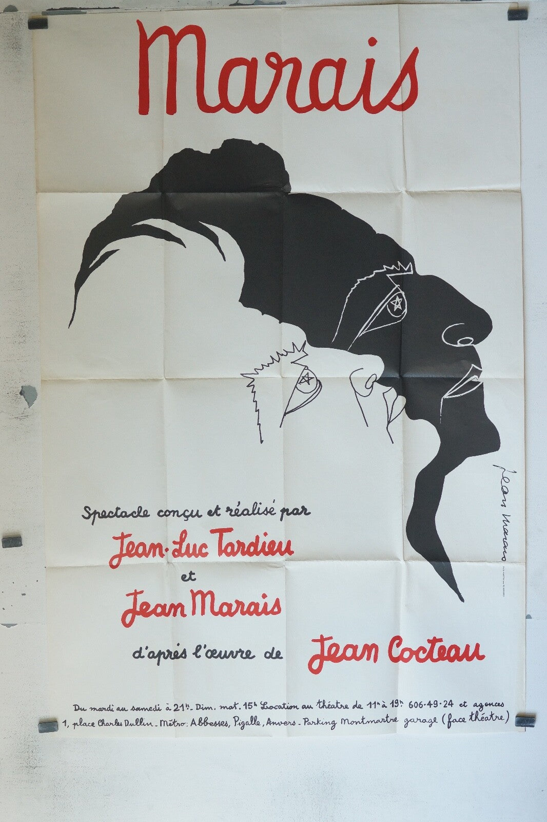 AFFICHE SPECTACLE MARAIS ORIGINAL DESSINÉ PAR JEAN MARAIS 70x100