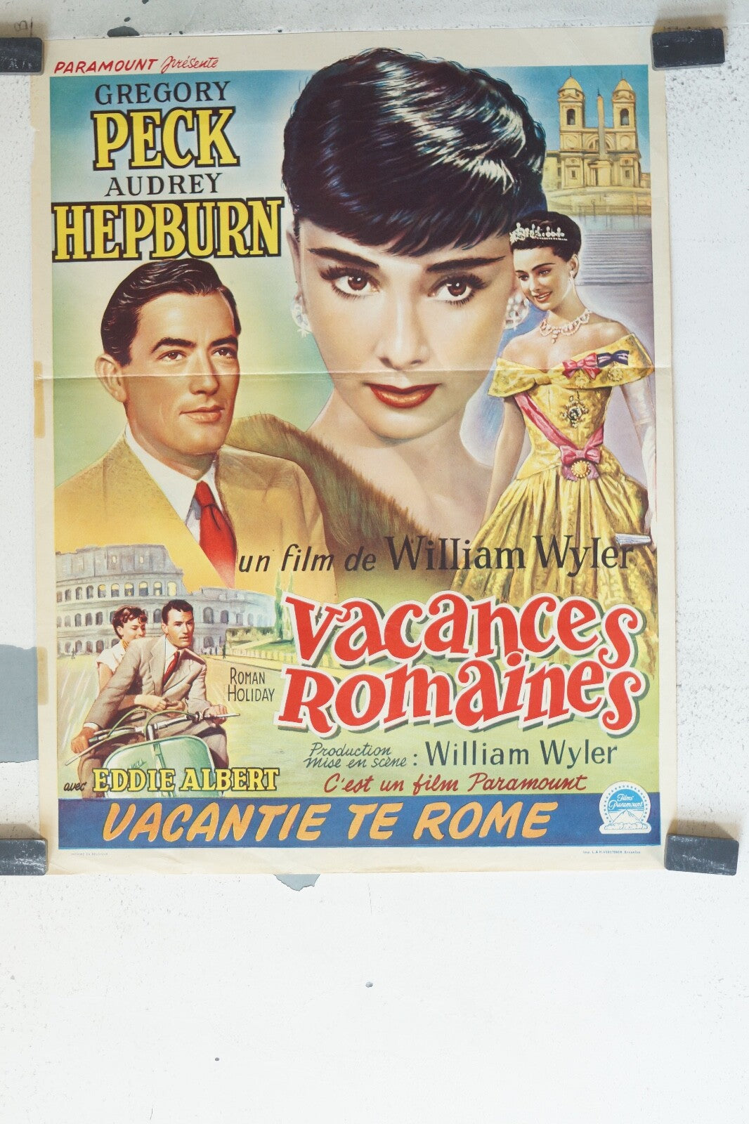 VACANCES ROMAINES MOVIE POSTER ORIGINAL 46x35 Gregory Peck , Audrey Hepburn