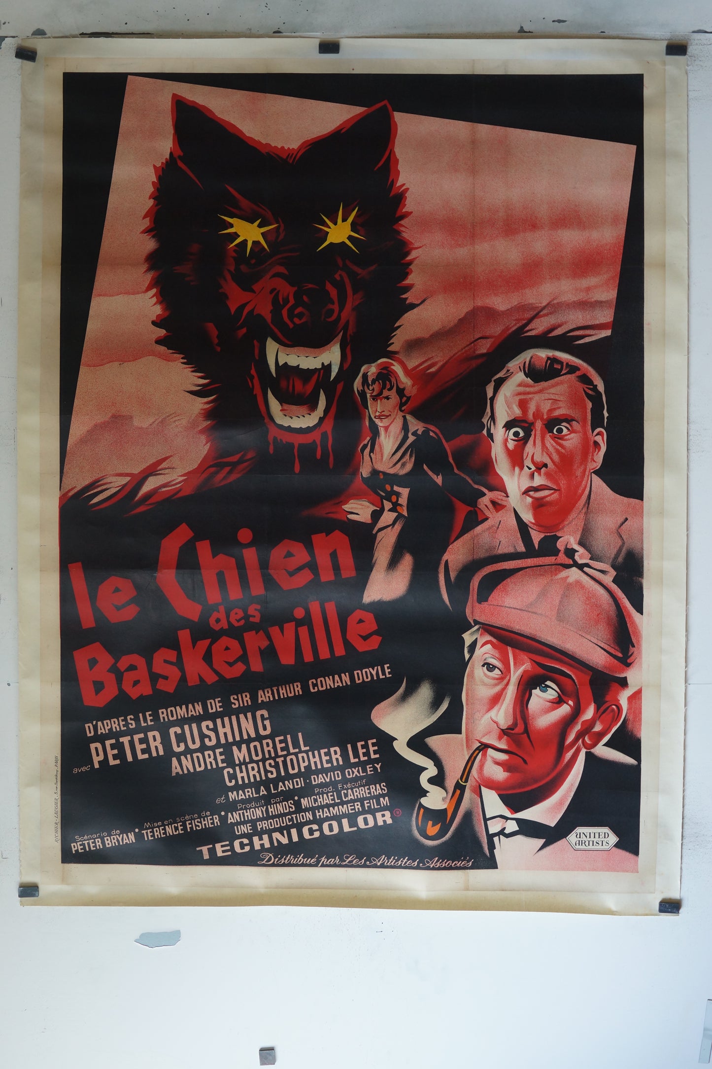 LE CHIEN DES BASKERVILLE, PETER CUSHING,120X160, AFFICHE ENTOILÉE.