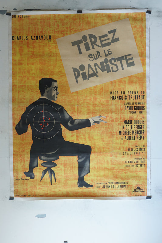 TIREZ SUR LE PIANISTE, CHARLES AZNAVOUR,120X160, AFFICHE ENTOILÉE.