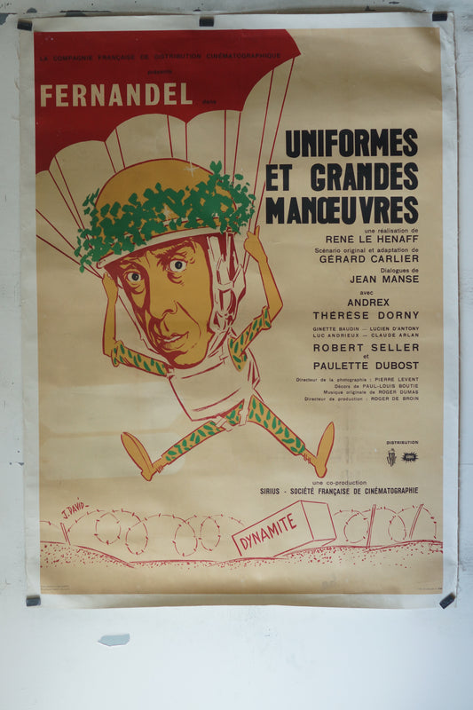 UNIFORMES ET GRANDES MANOUEVRES, FERNANDEL, 120X160, AFFICHE ENTOILÉE.