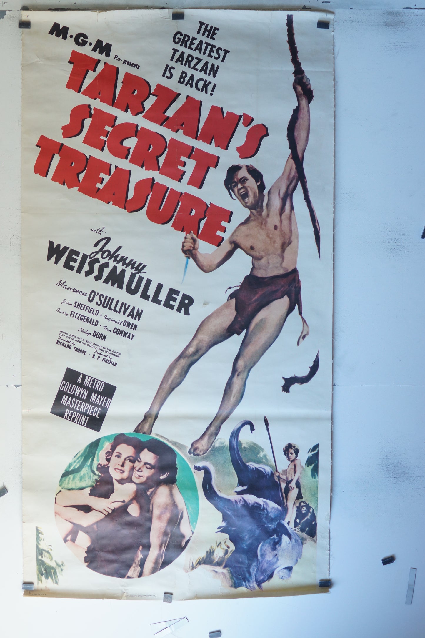 TARZAN’S SECRET TREASURE, JOHNNY WEISSMULLER, AFFICHE ENTOILÉE  JOHNNY WEISSMULLER