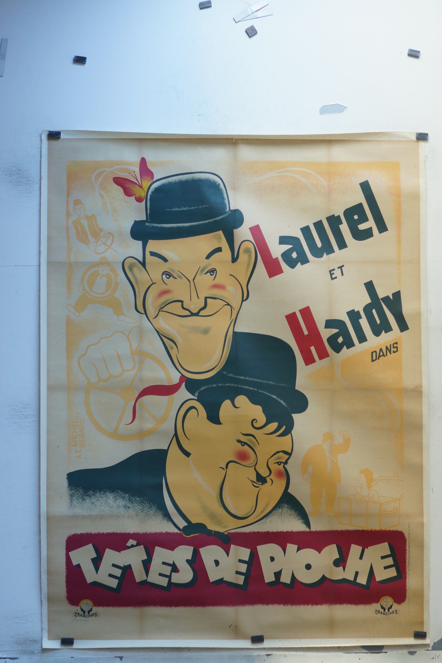 TÊTES DE PIOCHE, LAUREL ET HARDY, 120X160 CM, AFFICHE ENTOILÉE  LAUREL ET HARDY