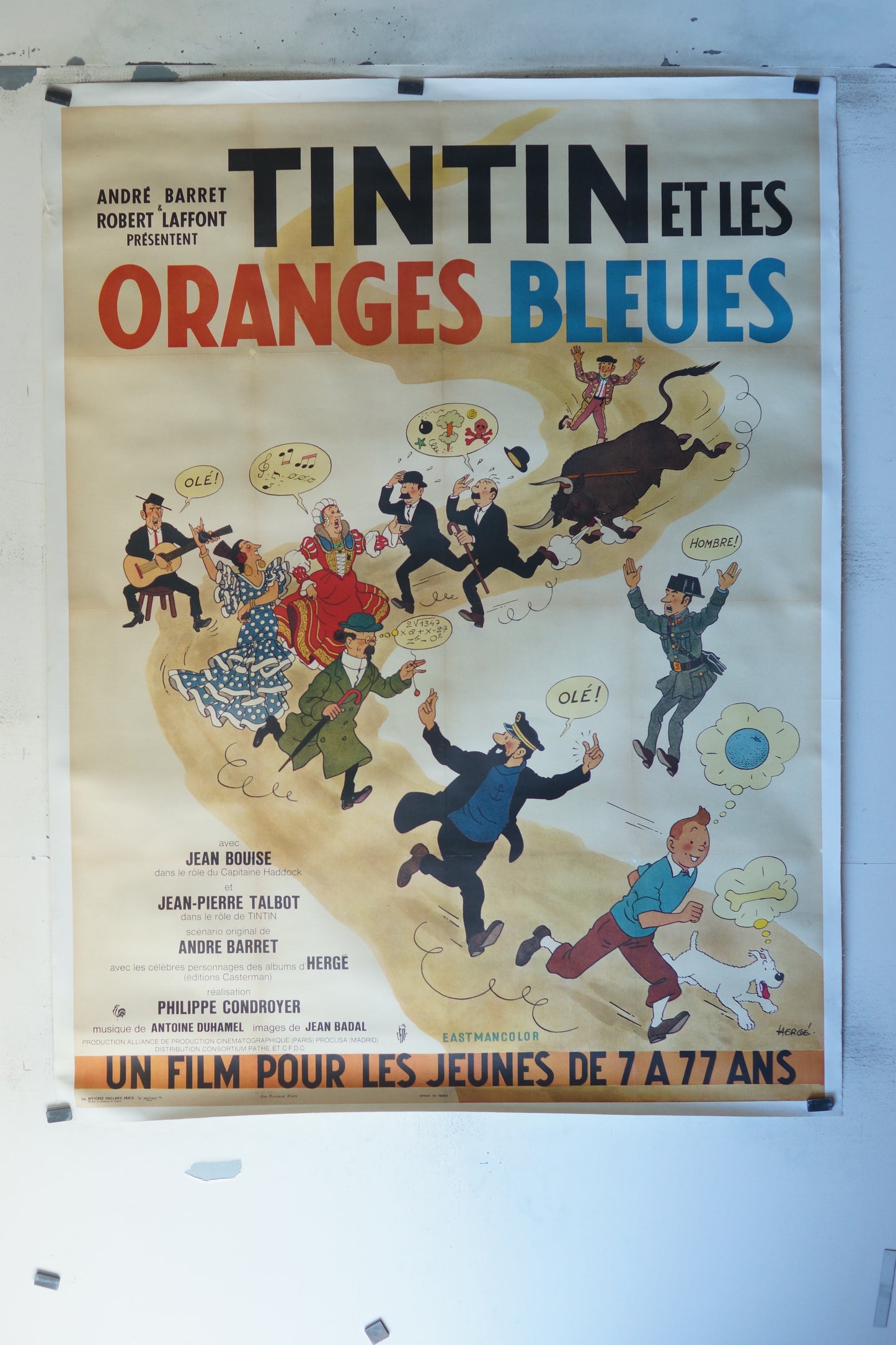 TINTIN ET LES ORANGES BLEUES, HERGÉ, 120X160 CM, AFFICHE ENTOILÉE