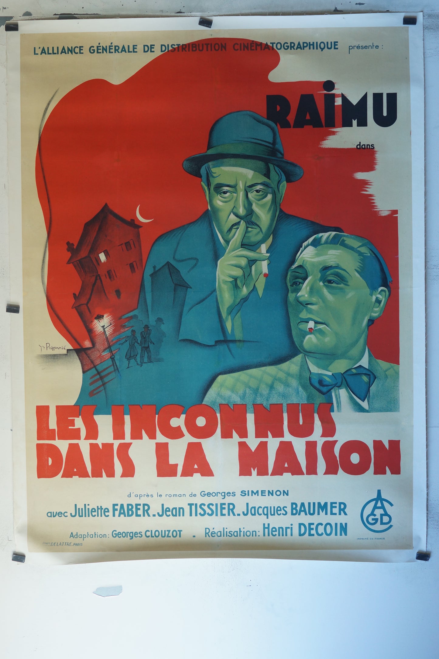 LES INCONNUS DANS LA MAISON, RAIMU, 120X160 CM, AFFICHE ENTOILÉE.  RAIMU