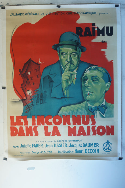 LES INCONNUS DANS LA MAISON, RAIMU, 120X160 CM, AFFICHE ENTOILÉE.  RAIMU
