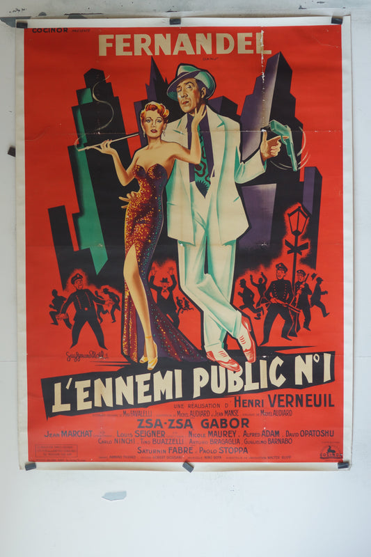 L’ENNEMI PUBLIC N°1, FERNANDEL, 120X160 CM, AFFICHE ENTOILÉE.