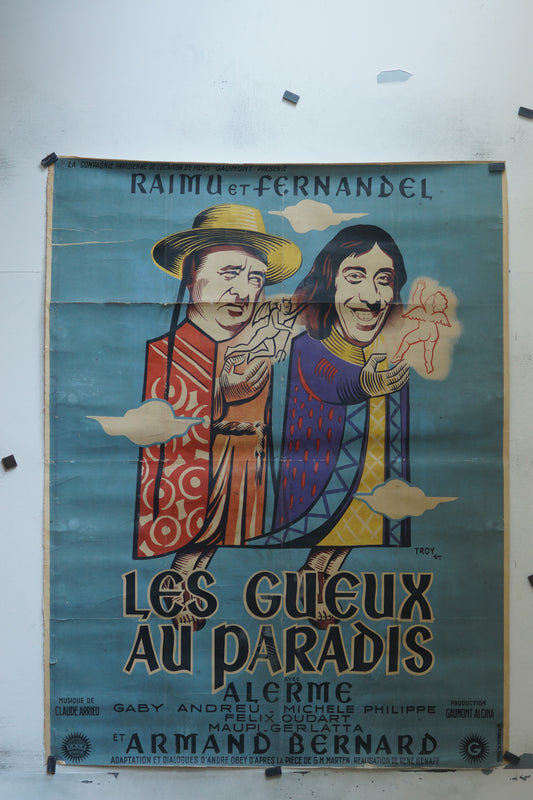 LES GUEUX AU PARADIS, RAIMU ET FERNANDEL, 120X160 CM, AFFICHE ENTOILÉE.