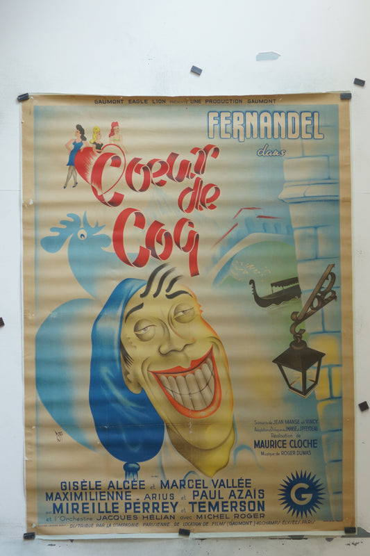 CŒUR DE COQ, FERNANDEL, 120X160 AFFICHE ENTOILÉE.