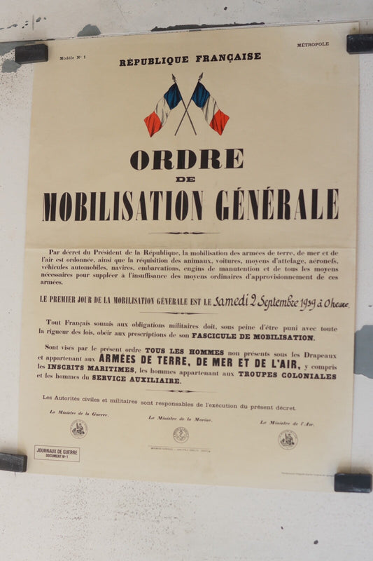 ORDRE DE MOBILISATION, SAMEDI 2/09/1939, AFFICHE AUTHENTIQUE MILITAIRE