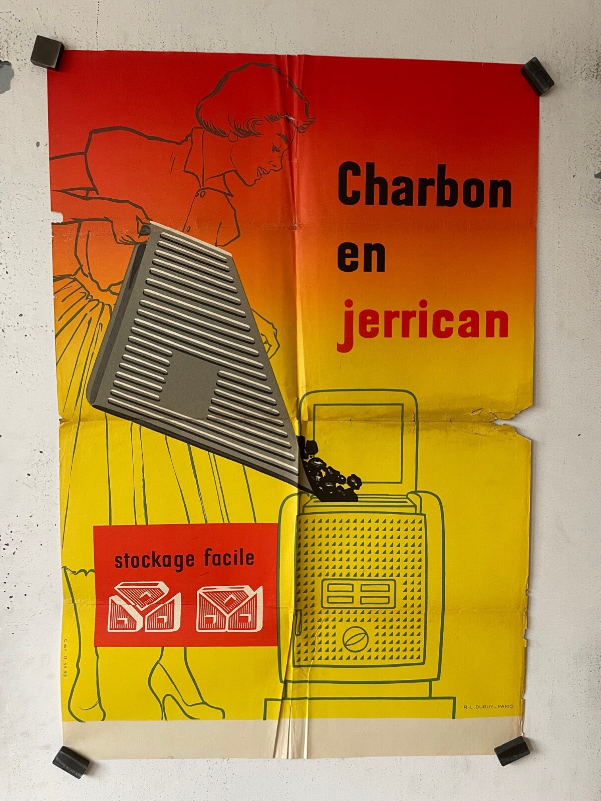 CHARBON EN JERRICAN, ADVERTISING POSTER ORIGINAL 60x80 BOURVIL ET PAUL MEURISSE