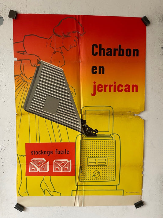 CHARBON EN JERRICAN, ADVERTISING POSTER ORIGINAL 60x80 BOURVIL ET PAUL MEURISSE