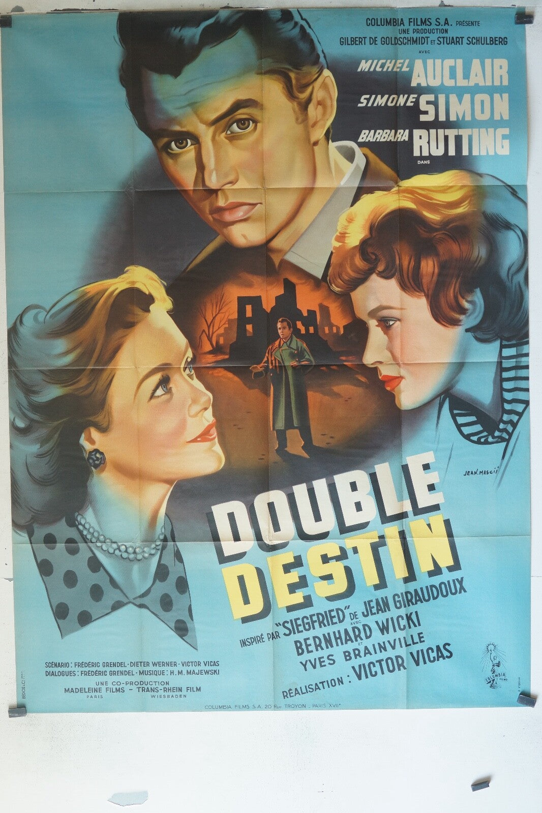DOUBLE DESTIN (1954) ORIGINAL MOVIE POSTER 120x160 MICHAEL AUCLAIR, SIMONE SIMON