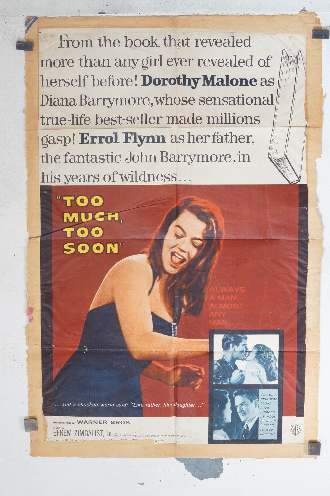 TOO MUCH TOO SOON MOVIE POSTER ORIGINAL (69x103), Dorothy Malone , Errol Flynn 