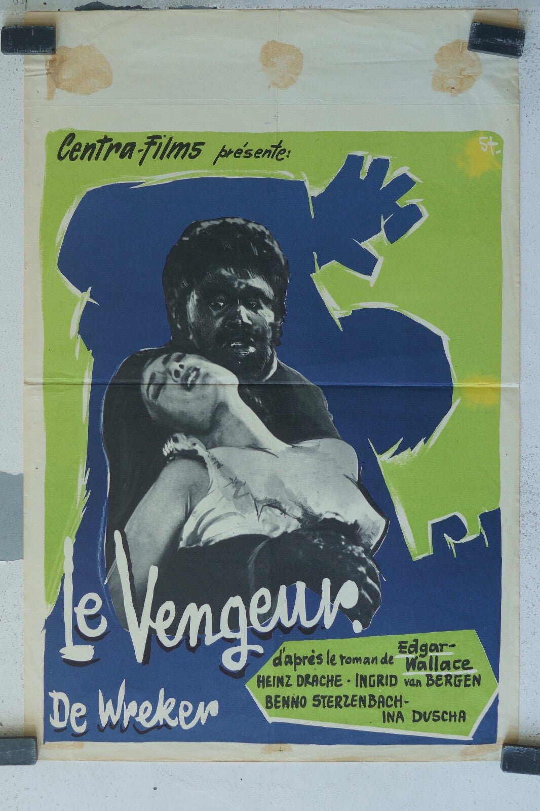 LE VENGEUR (BELGE), 1957 POSTER ORIGINAL 36 X 55 EDGAR WALLACE, HEINZ DRACHE