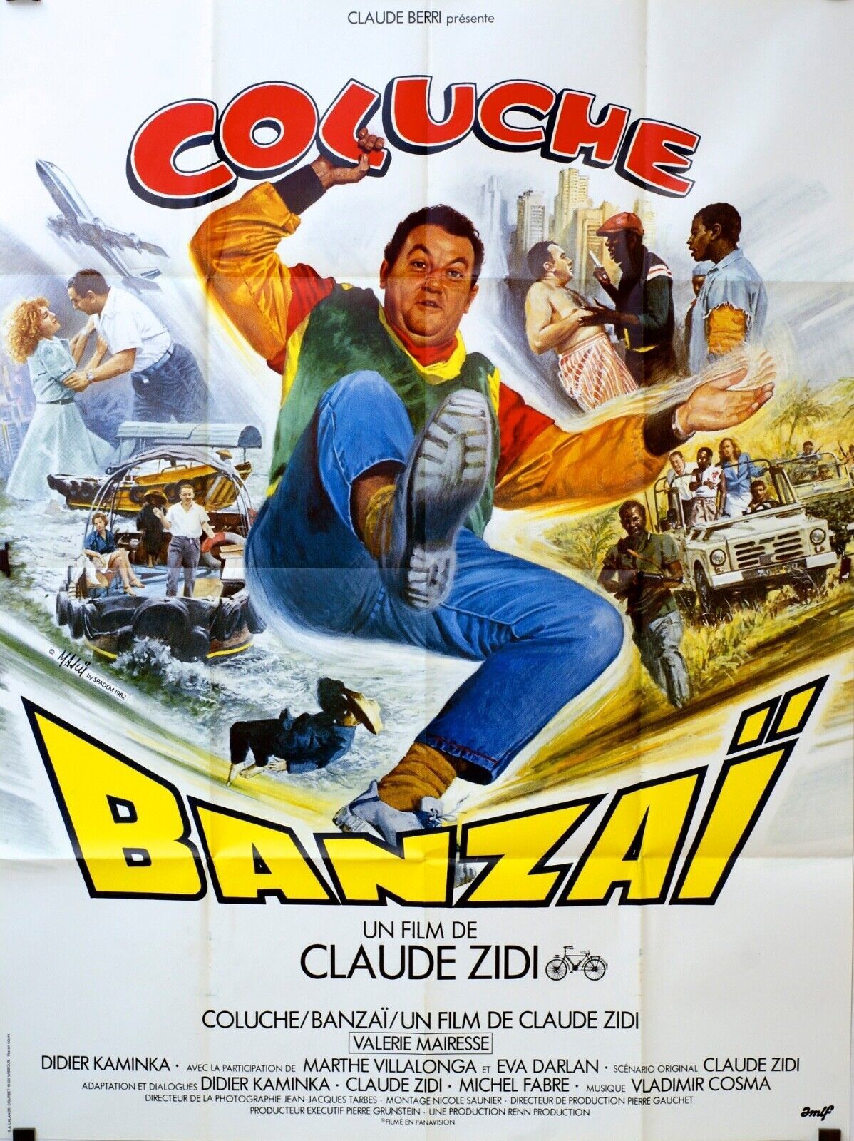 BANZAÏ, COLUCHE POSTER ORIGINAL 120x160 CLAUDE ZIDI