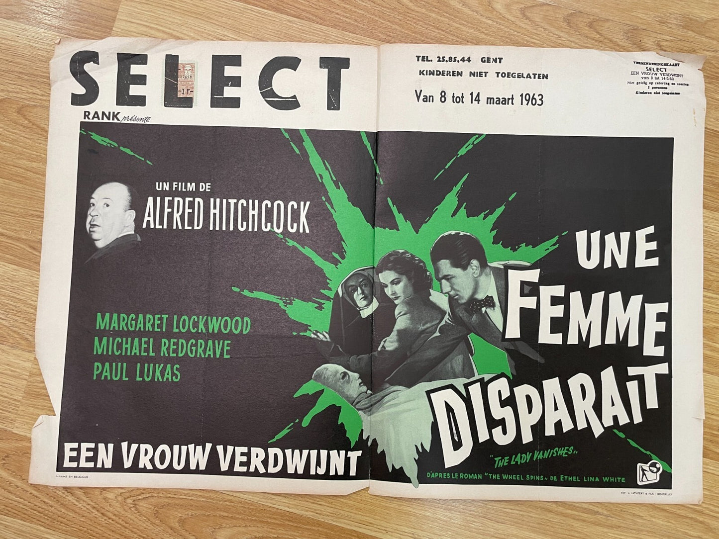 UNE FEMME DISPARAIT, BELGIAN MOVIE POSTER ORIGINAL 37 X 52 ALFRED HITCHCOCK
